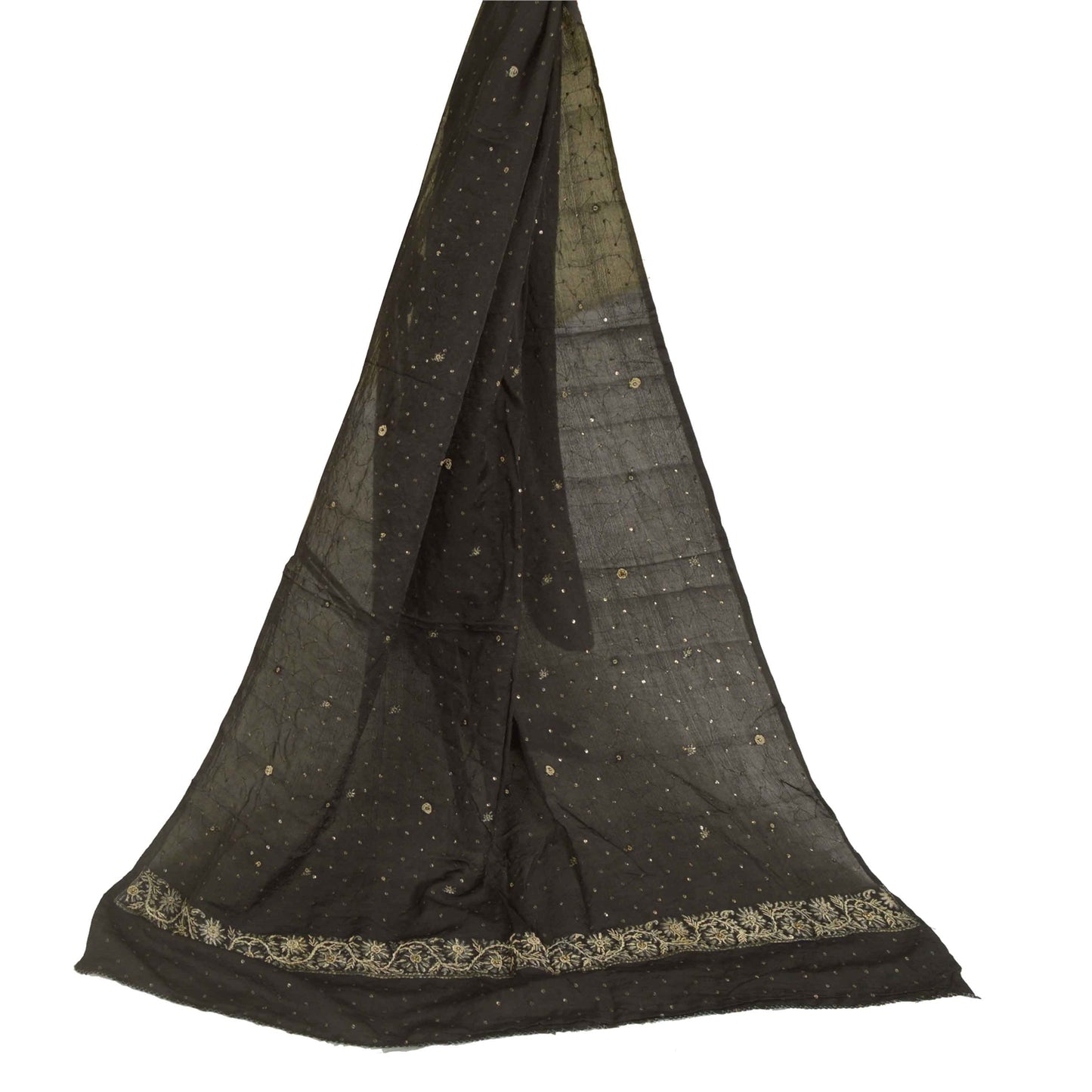 Sanskriti Vintage Long Dupatta Stole Pure Silk Black Hand Beaded Woven Brocade