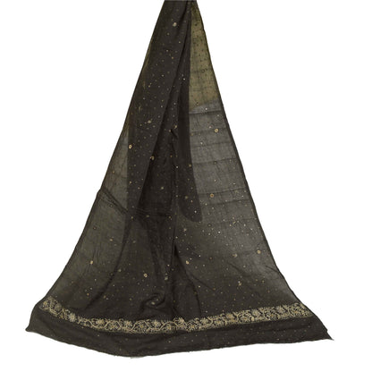 Sanskriti Vintage Long Dupatta Stole Pure Silk Black Hand Beaded Woven Brocade