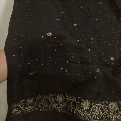 Sanskriti Vintage Long Dupatta Stole Pure Silk Black Hand Beaded Woven Brocade