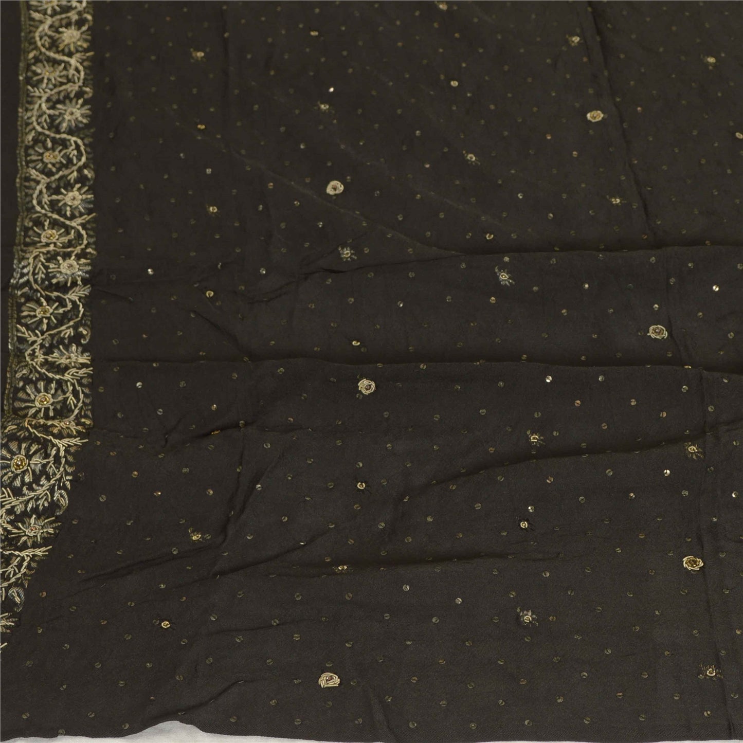 Sanskriti Vintage Long Dupatta Stole Pure Silk Black Hand Beaded Woven Brocade