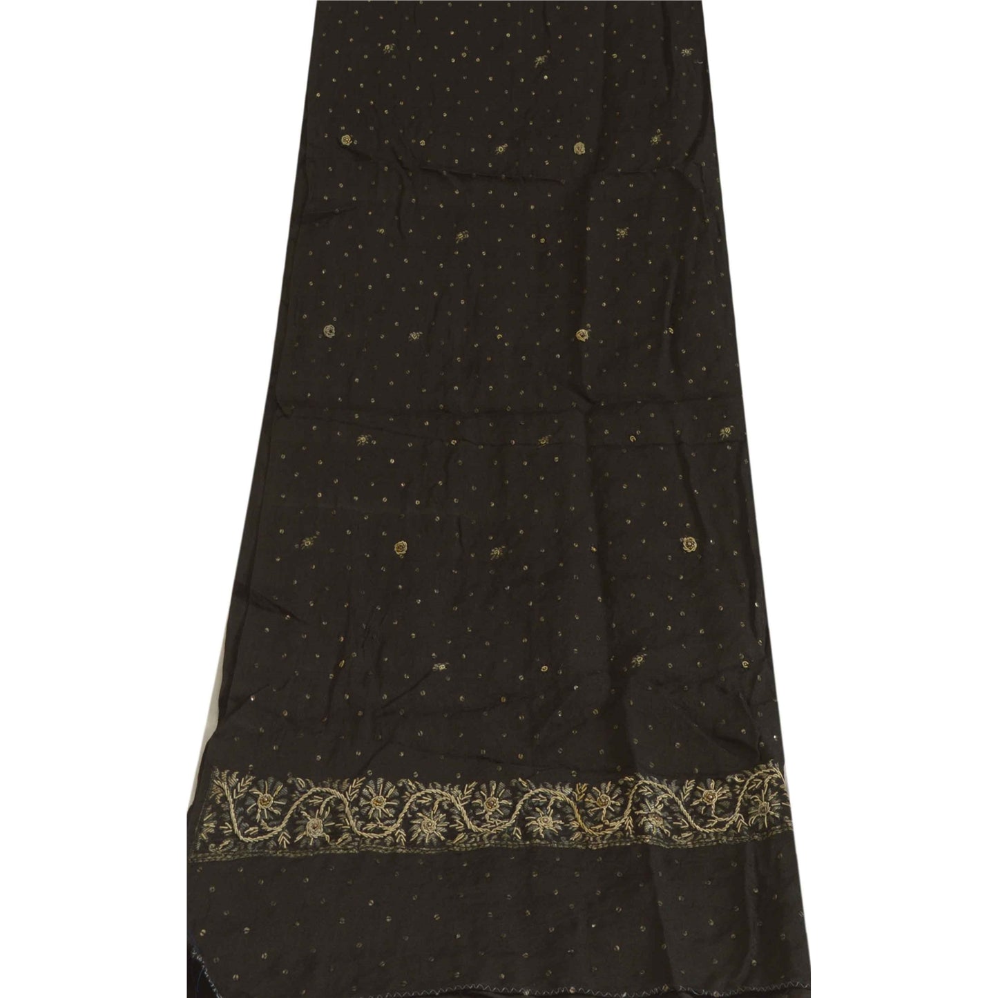 Sanskriti Vintage Long Dupatta Stole Pure Silk Black Hand Beaded Woven Brocade