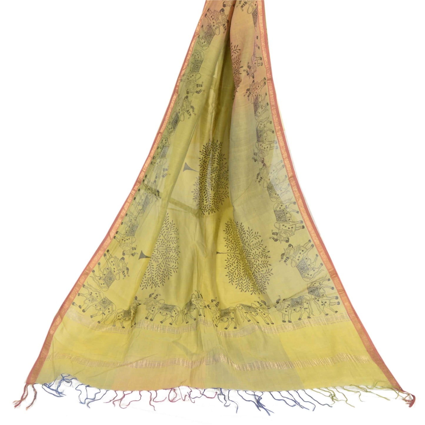 Sanskriti Vintage Lang Dupatta Stola Bomuld Silke Grøn Håndbloktrykt Vævet