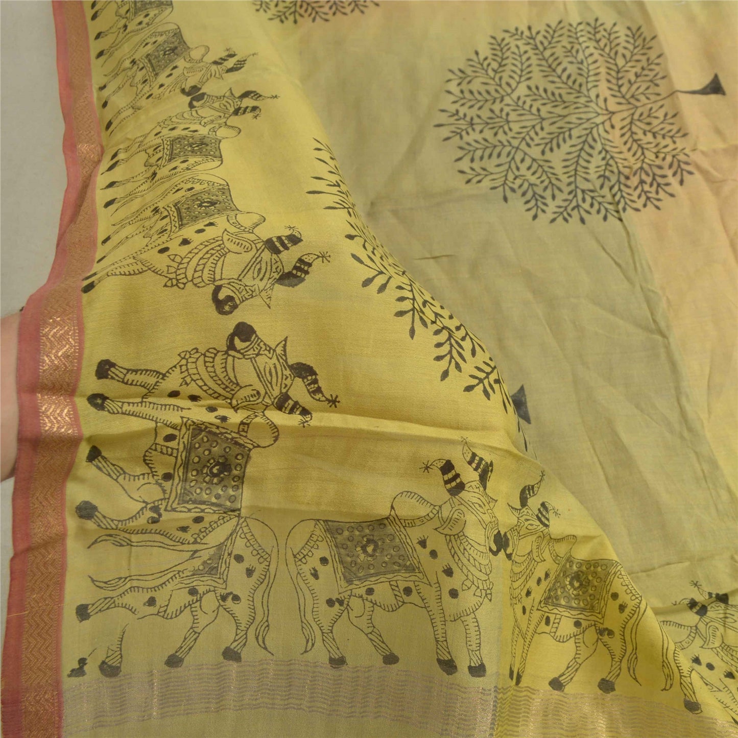 Sanskriti Vintage Lang Dupatta Stola Bomuld Silke Grøn Håndbloktrykt Vævet