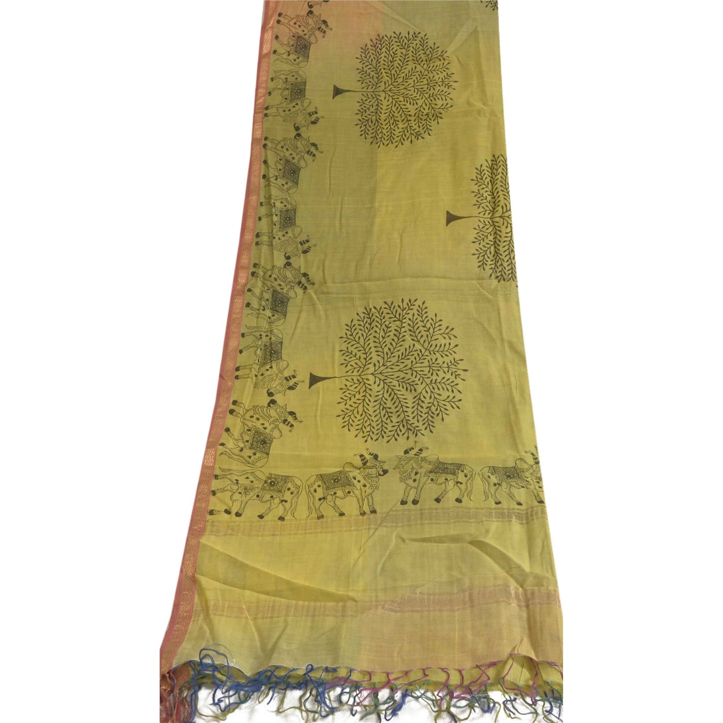 Sanskriti Vintage Lang Dupatta Stola Bomuld Silke Grøn Håndbloktrykt Vævet