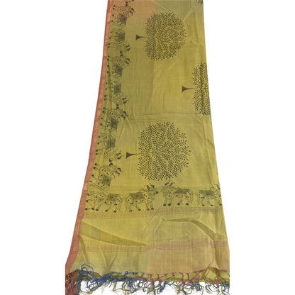 Sanskriti Vintage Lang Dupatta Stola Bomuld Silke Grøn Håndbloktrykt Vævet