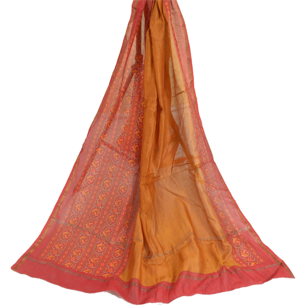 Sanskriti Vintage Long Dupatta Stole Cotton Silk Orange/Red Printed Woven Veil