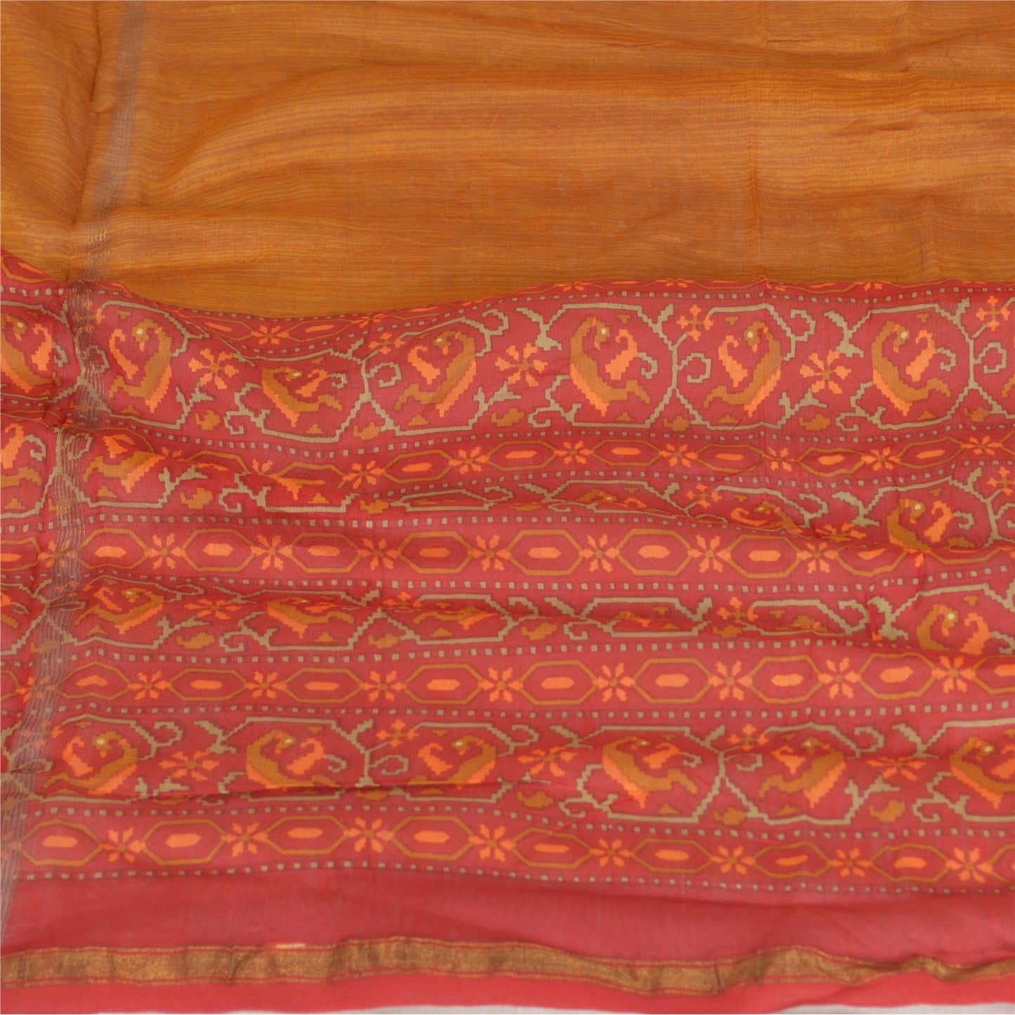 Sanskriti Vintage Lang Dupatta Stola Bomuld Silke Orange/Rød Trykt Vævet Slør