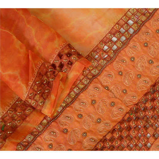 Sanskriti Vintage Long Saffron Dupatta/Stole Pure Organza Hand Beaded Tie-Dye
