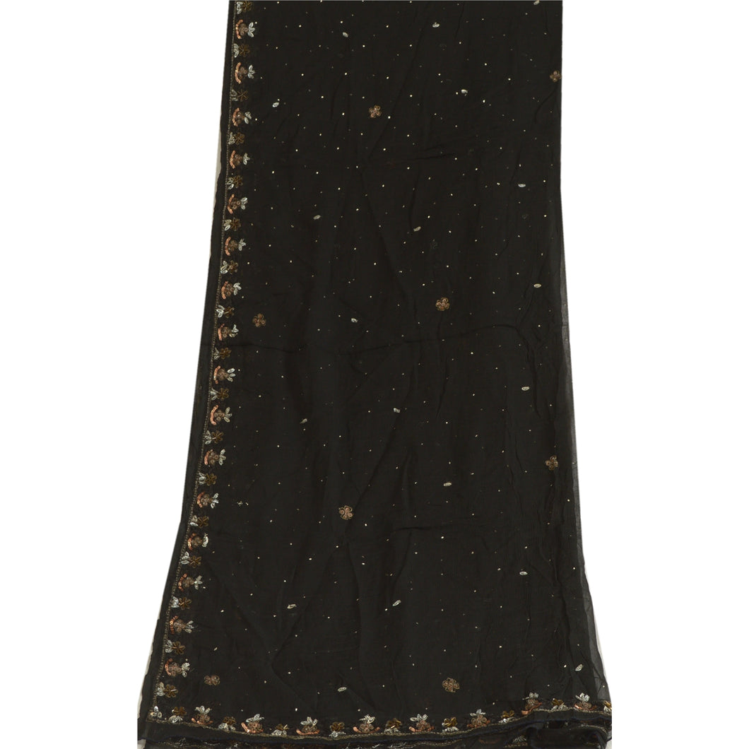 Sanskriti Vintage Long Black Dupatta/Stole Pure Chiffon Silk Hand Beaded Scarves