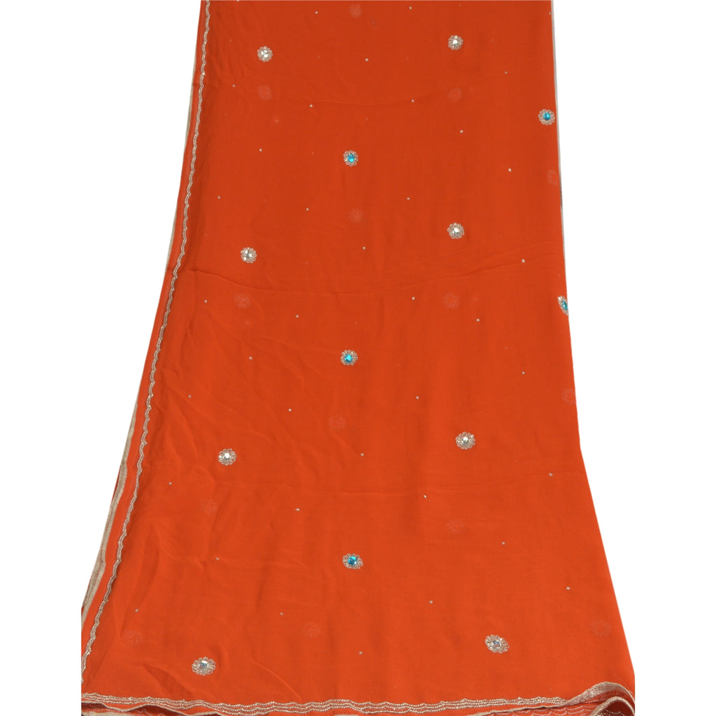 Sanskriti Vintage Long Orange Dupatta/Stole Pure Georgette Silk Hand Beaded Veil