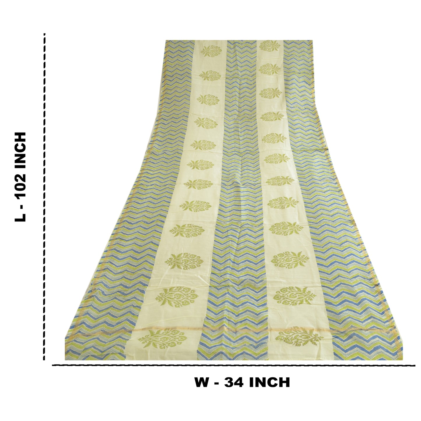 Sanskriti Vintage Lang Cremefarvet Dupatta/Stole Bomuld Silke Håndbloktrykt Hijab