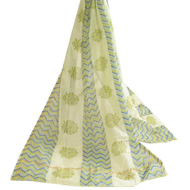 Sanskriti Vintage Long Cream Dupatta/Stole Cotton Silk Hand-Block Printed Hijab
