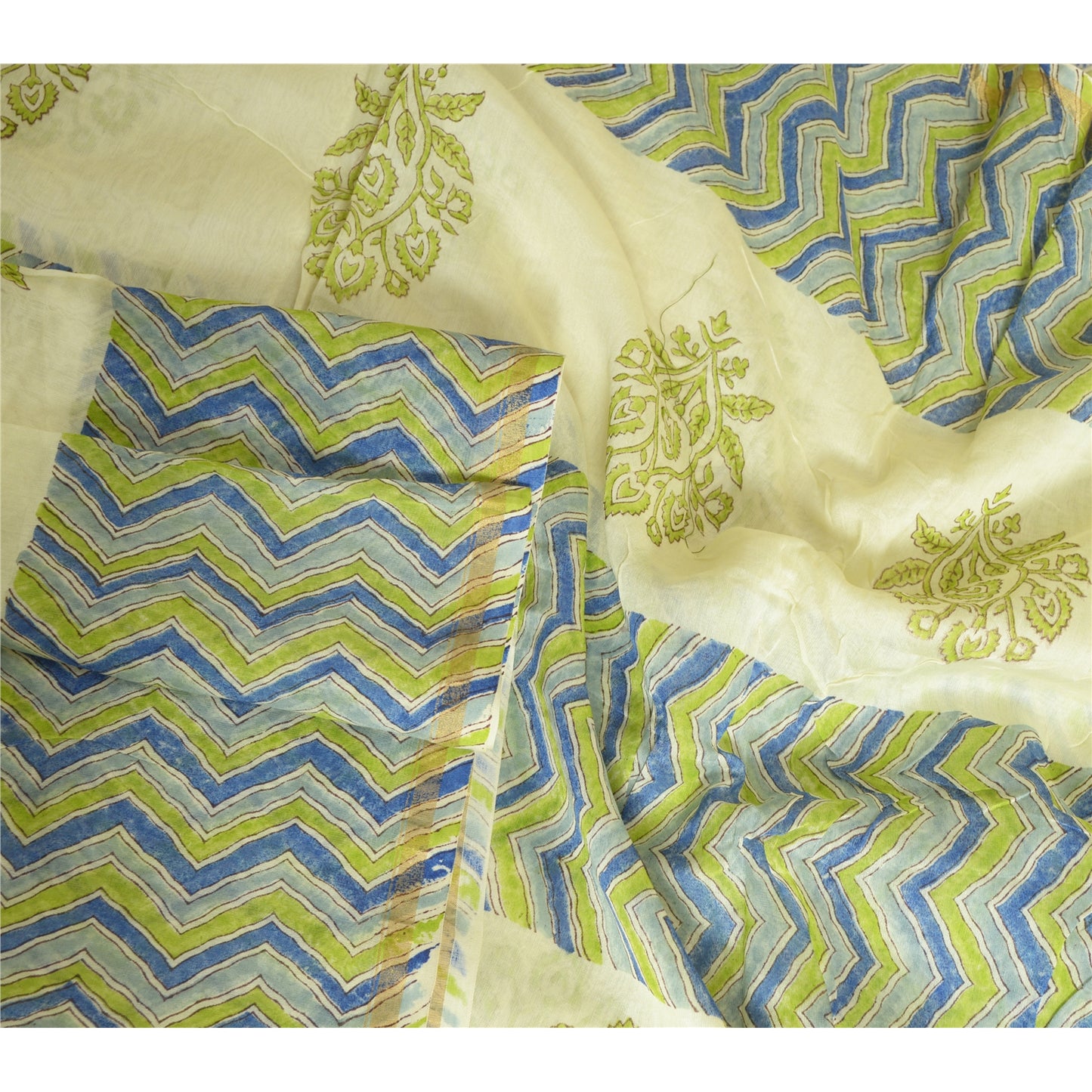 Sanskriti Vintage Lang Cremefarvet Dupatta/Stole Bomuld Silke Håndbloktrykt Hijab