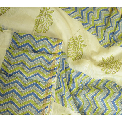 Sanskriti Vintage Lang Cremefarvet Dupatta/Stole Bomuld Silke Håndbloktrykt Hijab