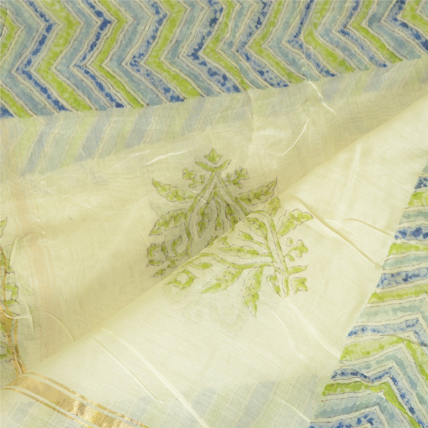 Sanskriti Vintage Lang Cremefarvet Dupatta/Stole Bomuld Silke Håndbloktrykt Hijab