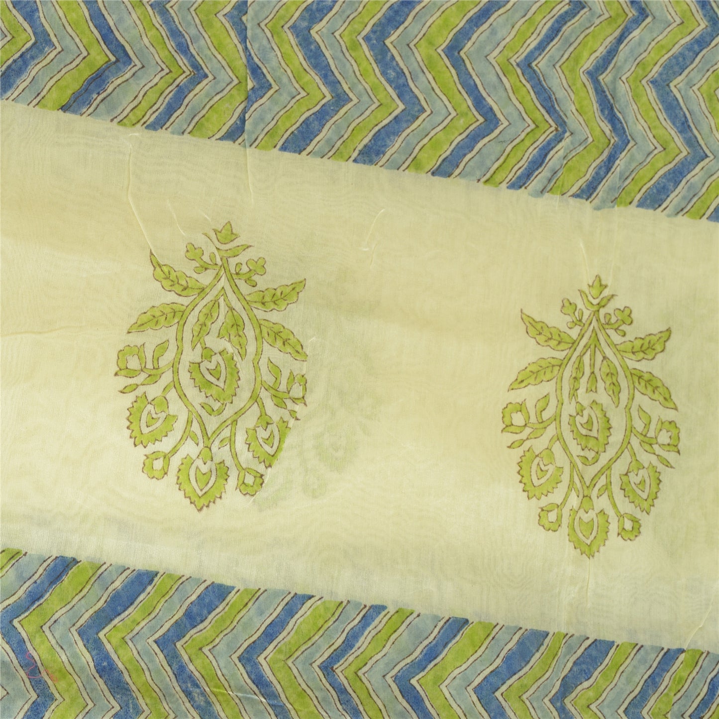 Sanskriti Vintage Lang Cremefarvet Dupatta/Stole Bomuld Silke Håndbloktrykt Hijab