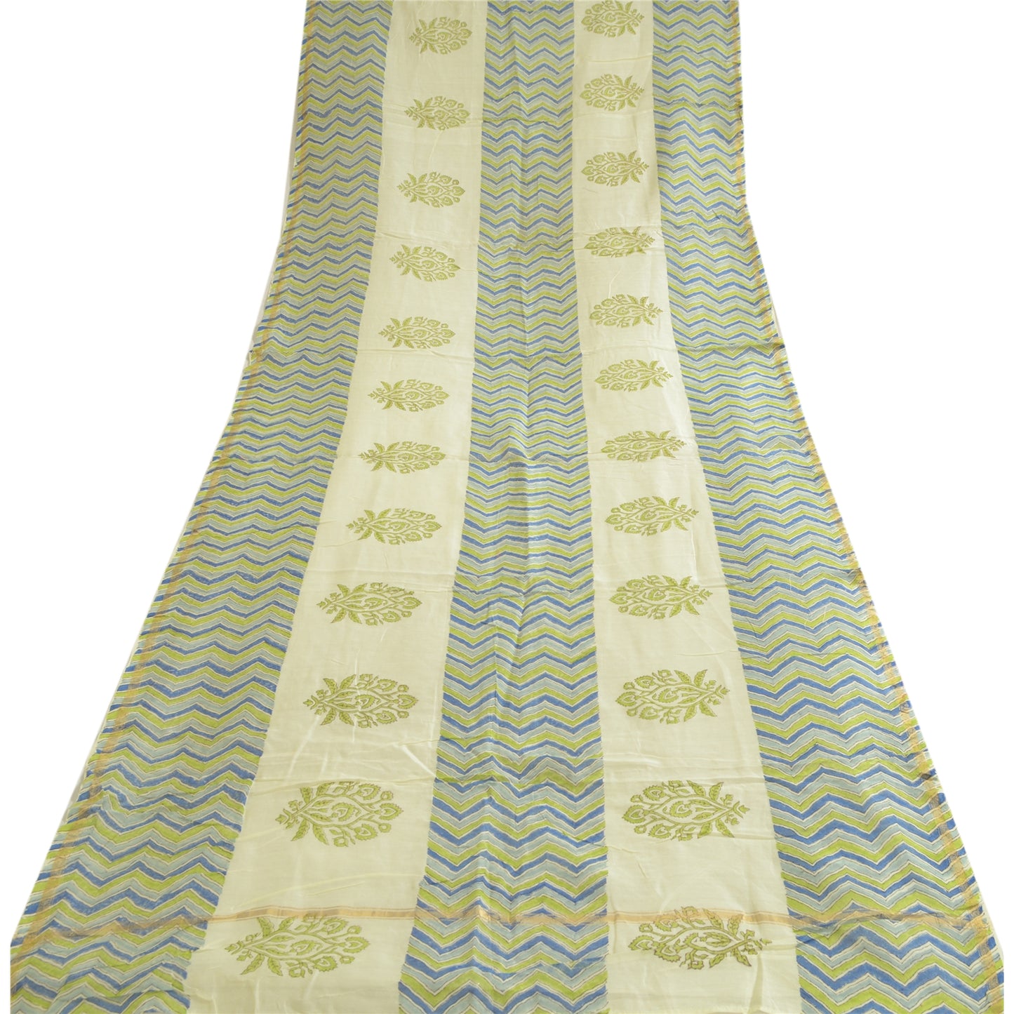 Sanskriti Vintage Lang Cremefarvet Dupatta/Stole Bomuld Silke Håndbloktrykt Hijab