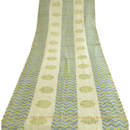 Sanskriti Vintage Lang Cremefarvet Dupatta/Stole Bomuld Silke Håndbloktrykt Hijab