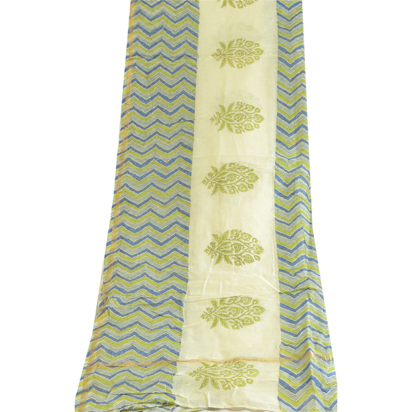 Sanskriti Vintage Lang Cremefarvet Dupatta/Stole Bomuld Silke Håndbloktrykt Hijab