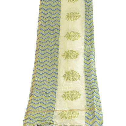 Sanskriti Vintage Lang Cremefarvet Dupatta/Stole Bomuld Silke Håndbloktrykt Hijab