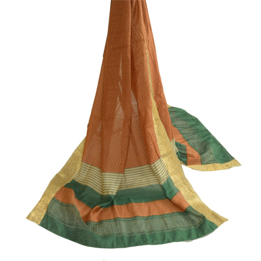 Sanskriti Vintage Long Dupatta Stole Pure Silk Brown/Green Printed Woven Hijab