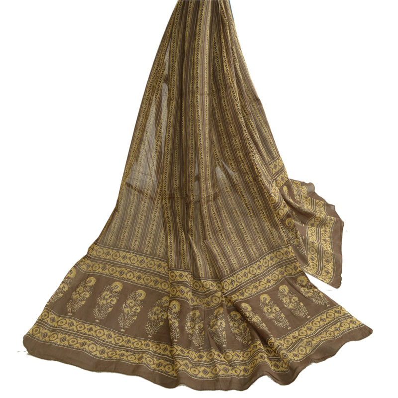 Sanskriti Vintage Lange Dupatta Stole Blandet Silke Brune Hijab Tørklæder Med Bloktryk
