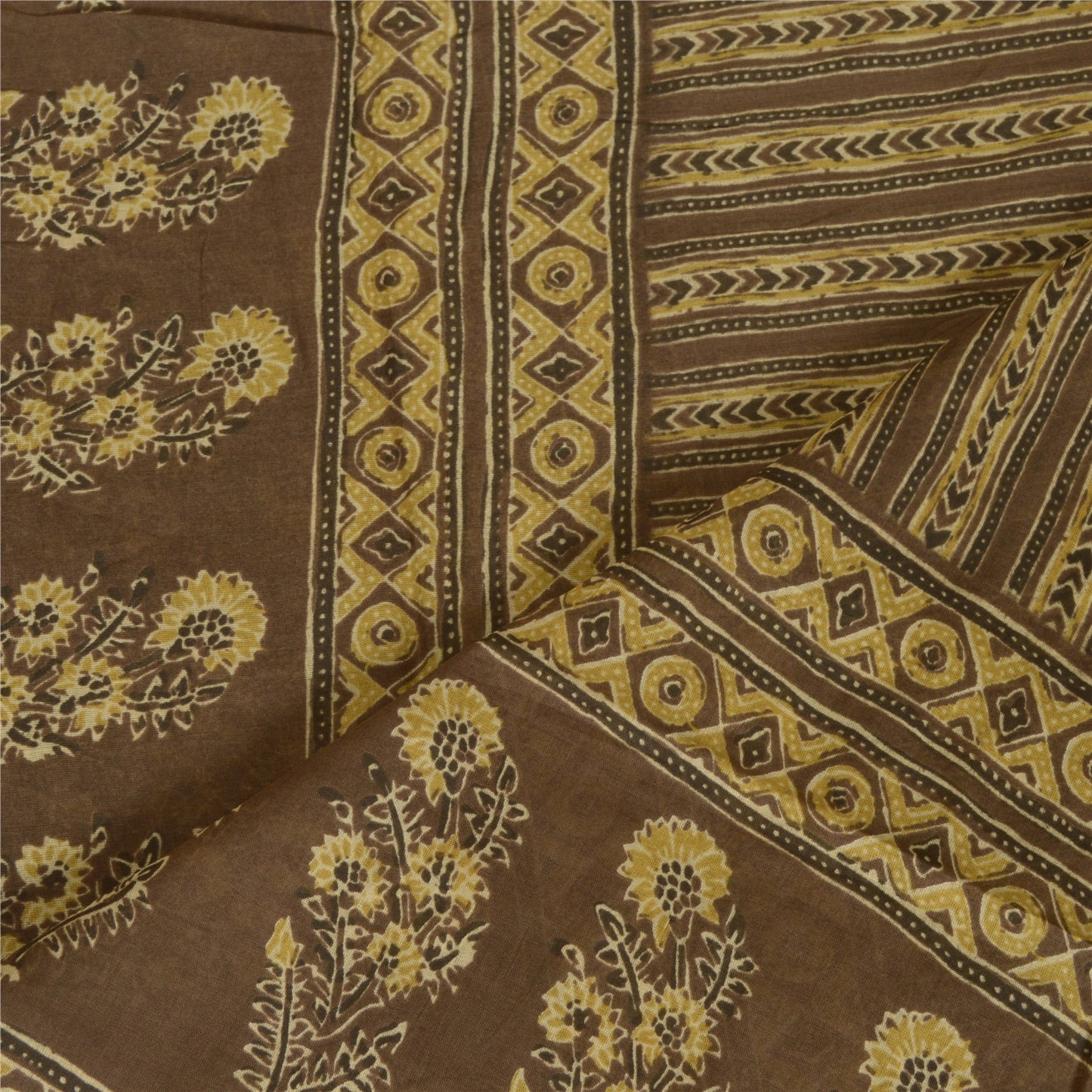 Sanskriti Vintage Lange Dupatta Stole Blandet Silke Brune Hijab Tørklæder Med Bloktryk