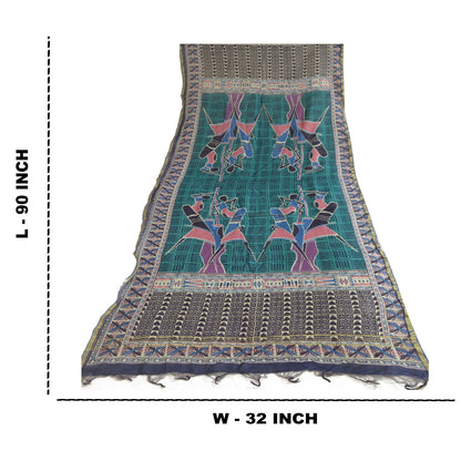 Sanskriti Vintage Lang Grøn/Blå Dupatta/Stola Bomuld Silke Bloktrykt Hijab