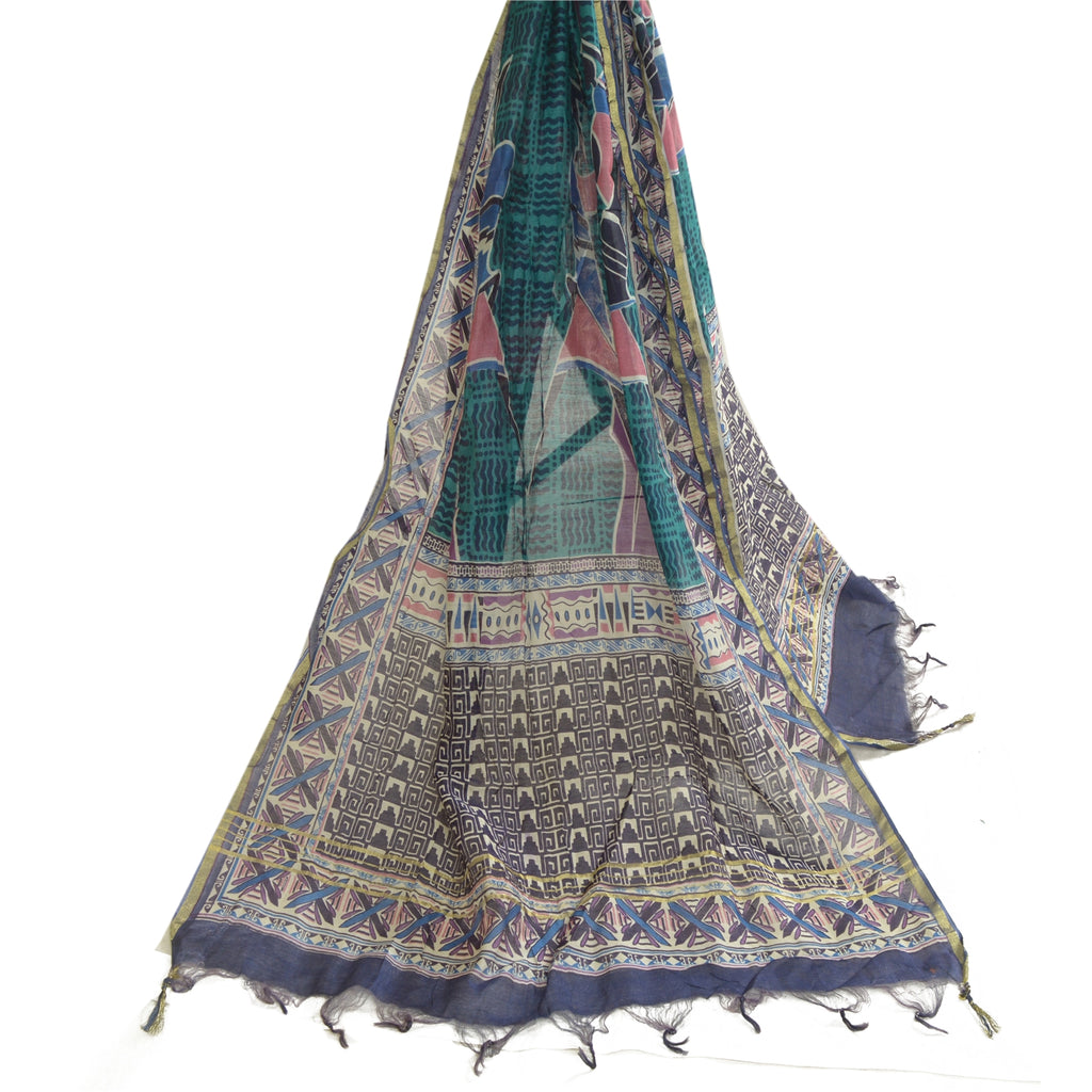 Sanskriti Vintage Lang Grøn/Blå Dupatta/Stola Bomuld Silke Bloktrykt Hijab