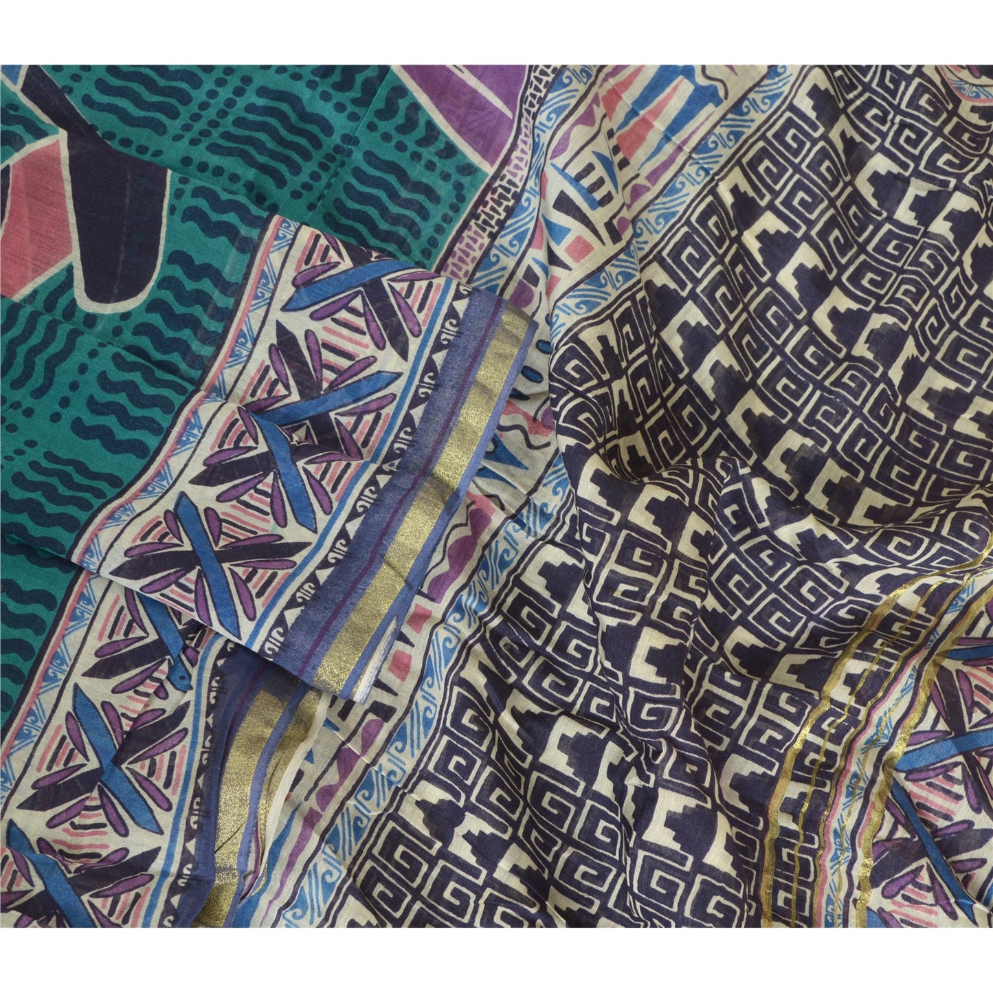 Sanskriti Vintage Lang Grøn/Blå Dupatta/Stola Bomuld Silke Bloktrykt Hijab