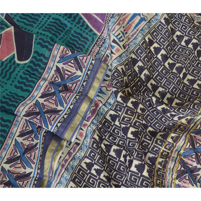 Sanskriti Vintage Lang Grøn/Blå Dupatta/Stola Bomuld Silke Bloktrykt Hijab