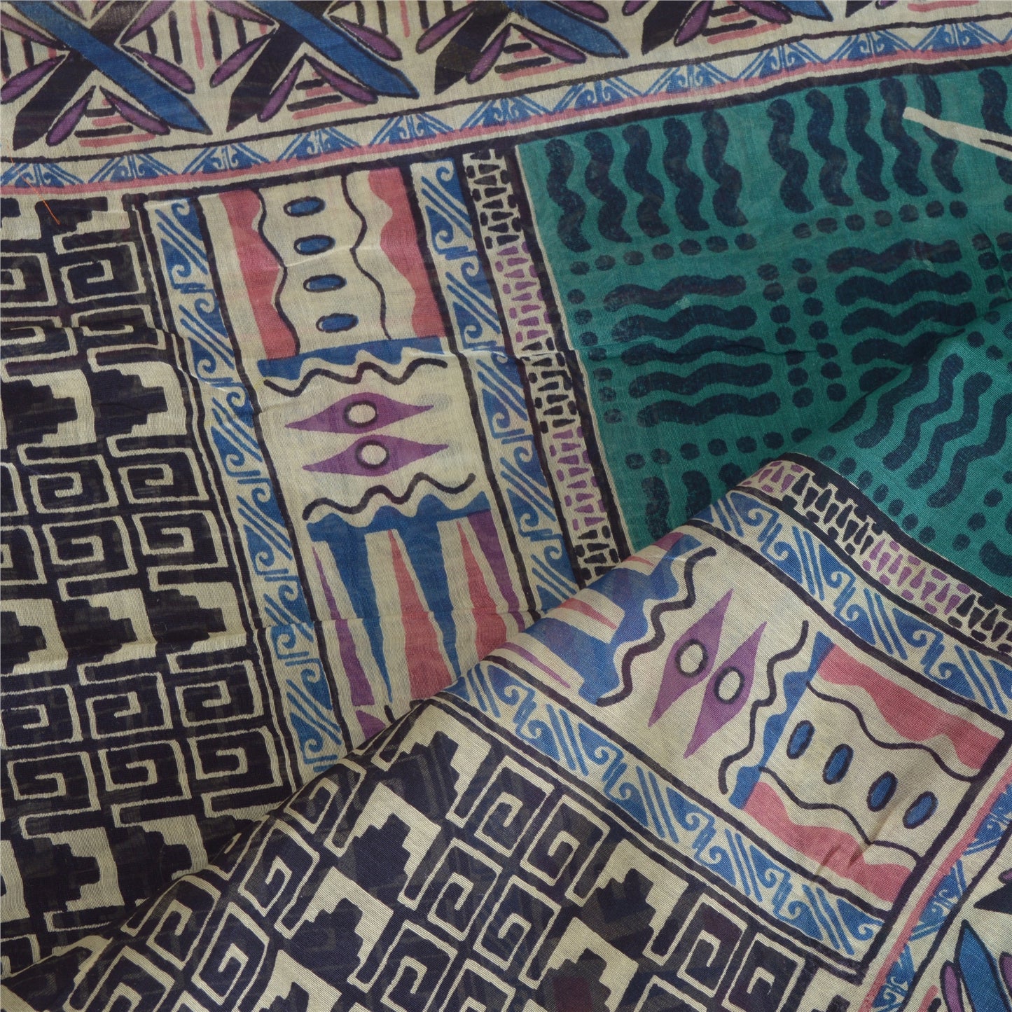 Sanskriti Vintage Lang Grøn/Blå Dupatta/Stola Bomuld Silke Bloktrykt Hijab