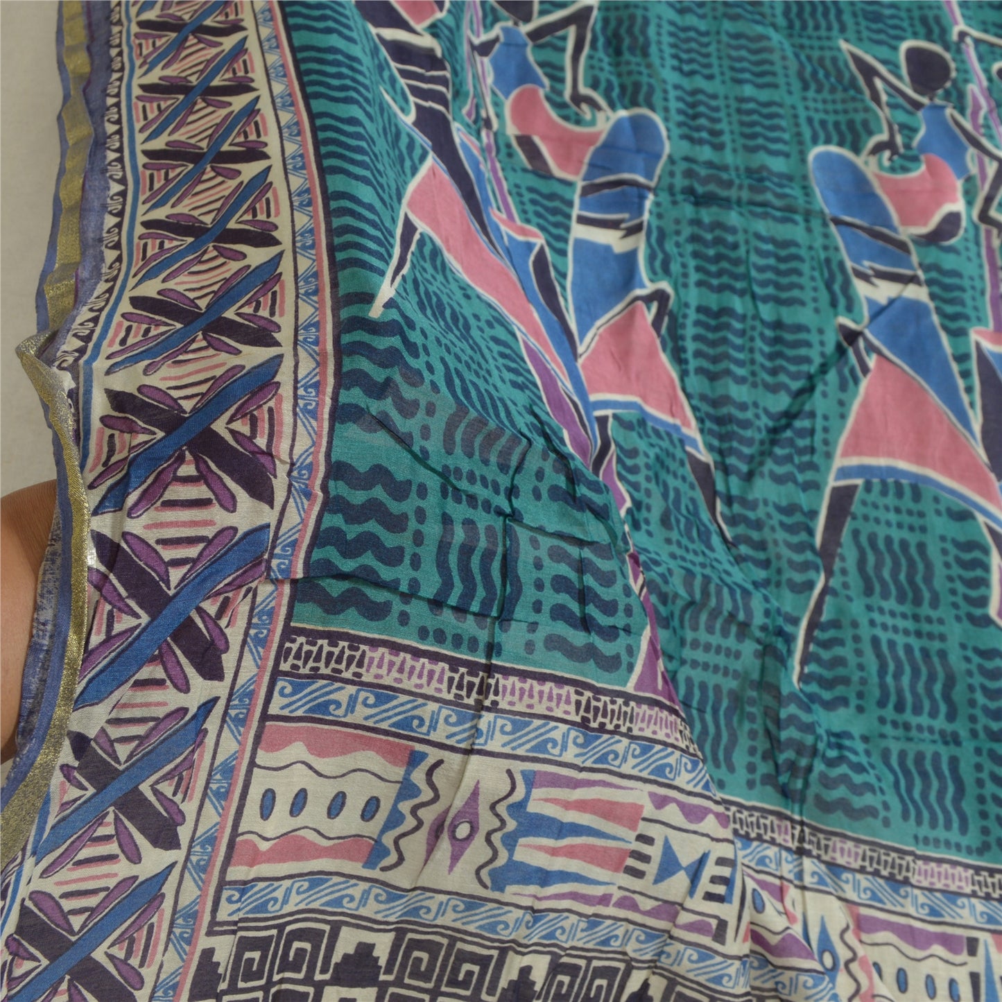 Sanskriti Vintage Lang Grøn/Blå Dupatta/Stola Bomuld Silke Bloktrykt Hijab