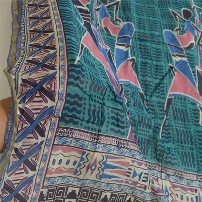 Sanskriti Vintage Lang Grøn/Blå Dupatta/Stola Bomuld Silke Bloktrykt Hijab