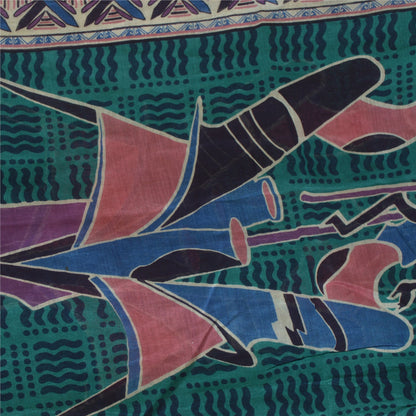 Sanskriti Vintage Lang Grøn/Blå Dupatta/Stola Bomuld Silke Bloktrykt Hijab