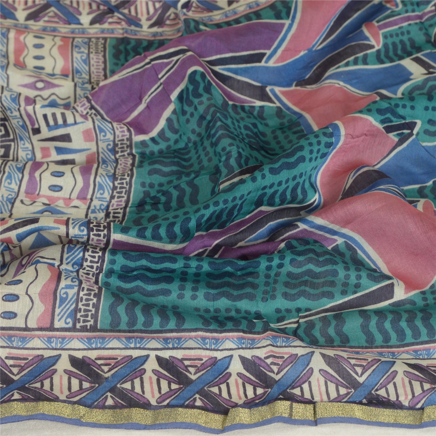 Sanskriti Vintage Lang Grøn/Blå Dupatta/Stola Bomuld Silke Bloktrykt Hijab