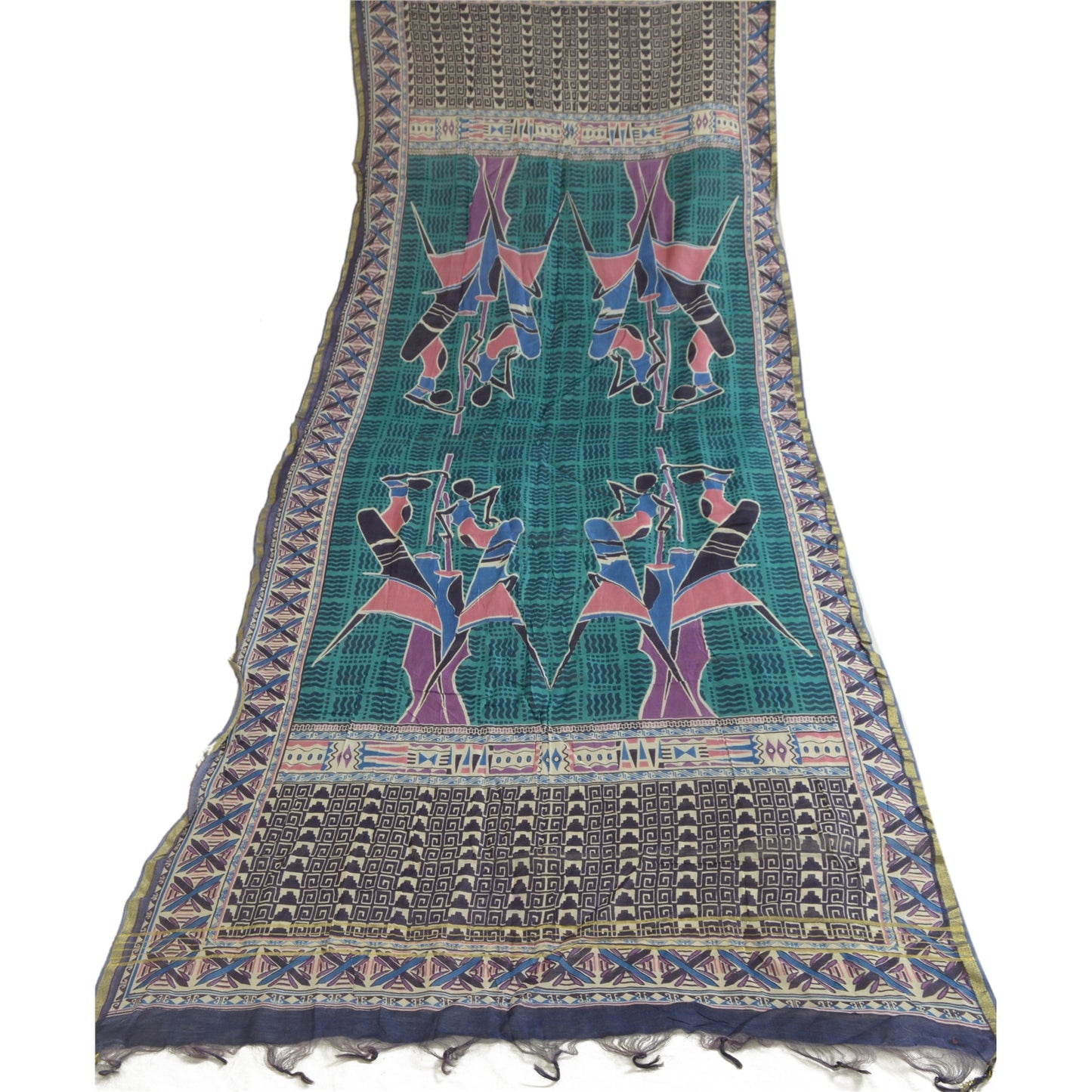 Sanskriti Vintage Lang Grøn/Blå Dupatta/Stola Bomuld Silke Bloktrykt Hijab