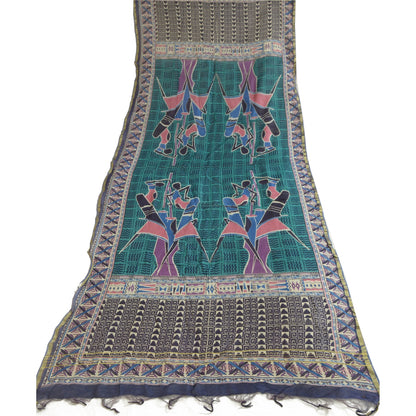 Sanskriti Vintage Lang Grøn/Blå Dupatta/Stola Bomuld Silke Bloktrykt Hijab