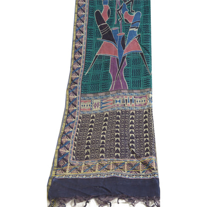Sanskriti Vintage Lang Grøn/Blå Dupatta/Stola Bomuld Silke Bloktrykt Hijab