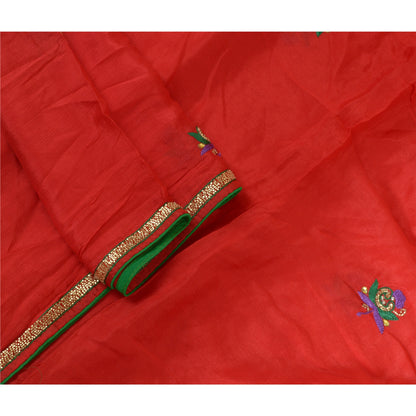 Sanskriti Vintage Long Red Dupatta/Stole Pure Chiffon Silk Hand Beaded Scarves