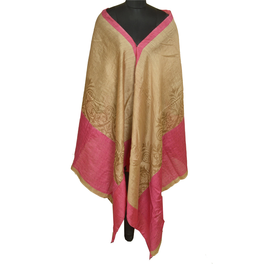 Sanskriti Vintage Long Dupatta Stole Cotton Silk Khakhi/Pink Printed Wrap Hijab