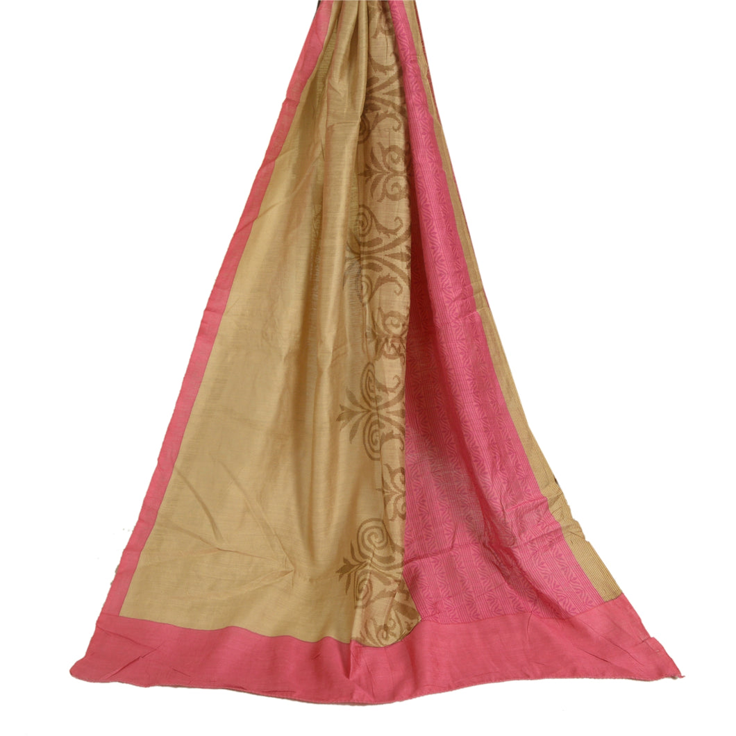 anskriti Vintage Long Dupatta Stole Cotton Silk Khakhi/Pink Printed Wrap Hijab