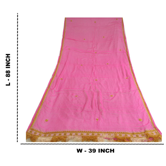 Sanskriti Vintage Long Hot Pink Dupatta/Stole Pure Chiffon Silk Hand Beaded Veil