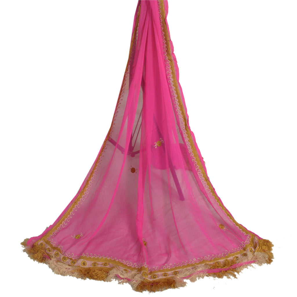 Sanskriti Vintage Long Hot Pink Dupatta/Stole Pure Chiffon Silk Hand Beaded Veil