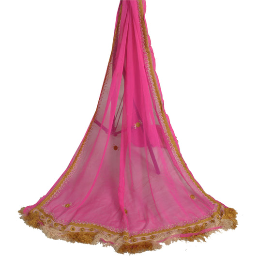Sanskriti Vintage Long Hot Pink Dupatta/Stole Pure Chiffon Silk Hand Beaded Veil