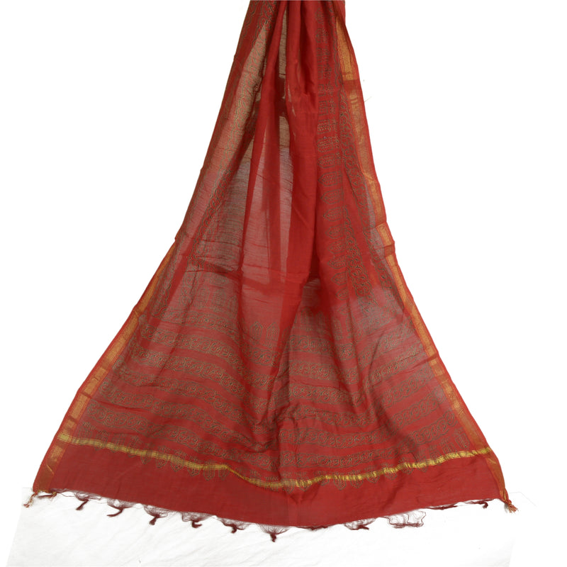 Sanskriti Vintage Long Dupatta Stole Cotton Silk Dark Red Hand-Block Print Veil