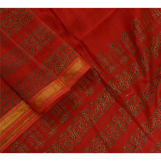 Sanskriti Vintage Lang Dupatta Stola Bomuld Silke Mørkerød Håndblokprint Slør