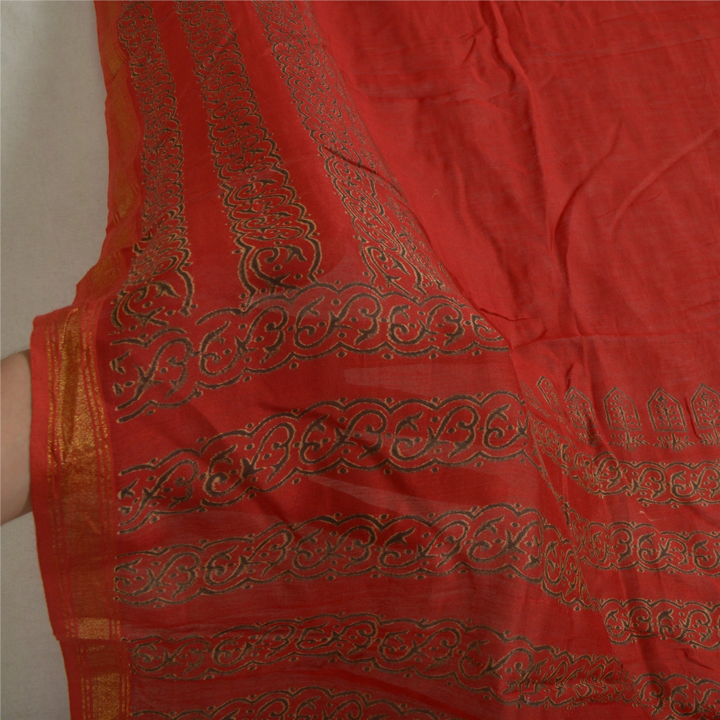 Sanskriti Vintage Lang Dupatta Stola Bomuld Silke Mørkerød Håndblokprint Slør