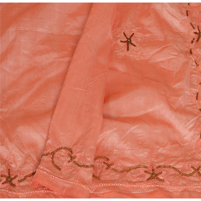 Sanskriti Vintage Long Dupatta Stole Pure Silk Peach Hijab Hand Beaded Scarves