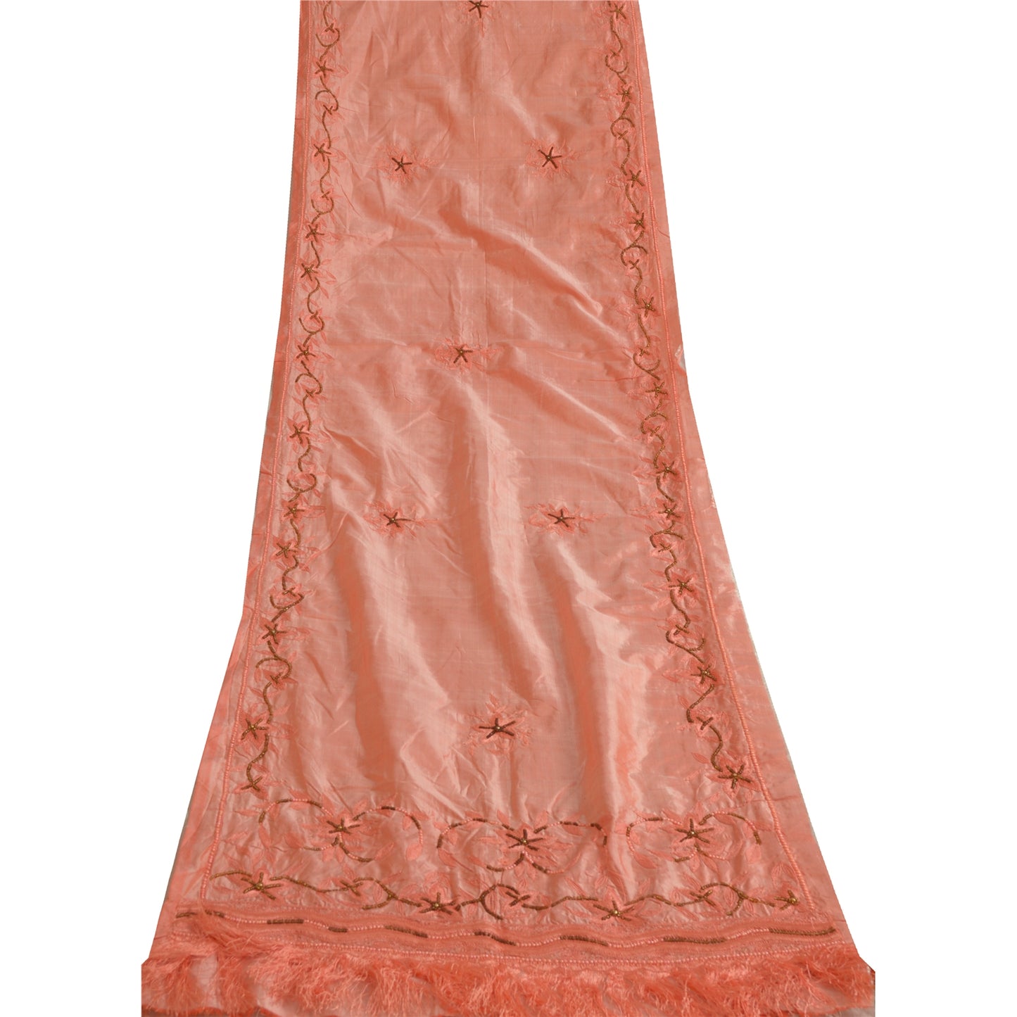 Sanskriti Vintage Long Dupatta Stole Pure Silk Peach Hijab Hand Beaded Scarves